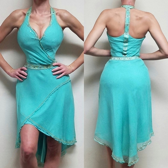 Laundry By Shelli Segal Dresses & Skirts - Vintage 90s Laundry by Shelli Segal Aqua Silk Chiffon Sequin T-Back Hi-low Dress